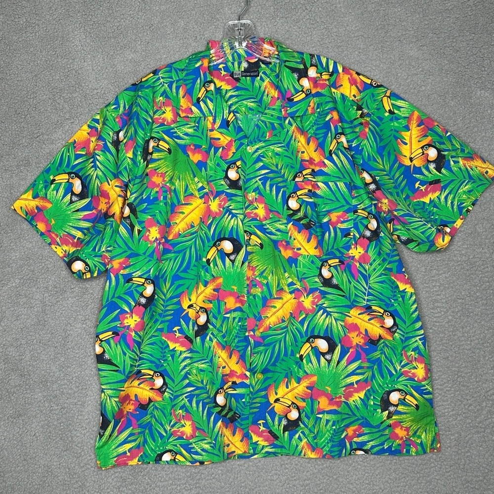Blue Generation Camp Shirt Mens Size XL‎ Tucan Button Front Tropical Hawaiian